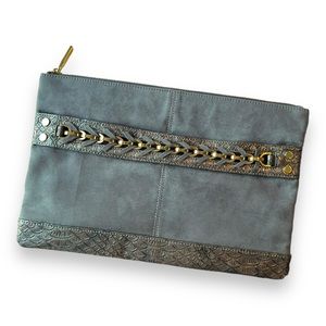 Deux Lux Large Clutch in Gray Vegan Leather With Unique Gold Chain and Stitching